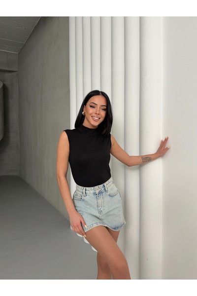 Lunamiratto Γυναικείο αμάνικο μαύρο κορμάκι με μηδενικό μανίκι ψηλό αμάνικο φανελάκι