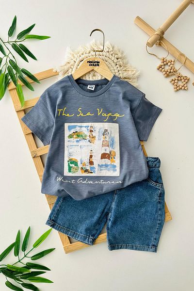 Minigimin Cicileri Boy's Denim Shorts Suit - Blue, My Little One's Ciceleri and Sea Motif