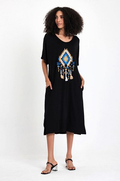 Markano Boat Neck Embroidered Black Midi Dress - Short Sleeve and Pocket