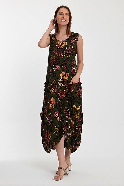 Denismoda Γυναικείο φόρεμα με έθνικ σχέδιο με τσέπες Sıfırkol φαρδιά φούστα