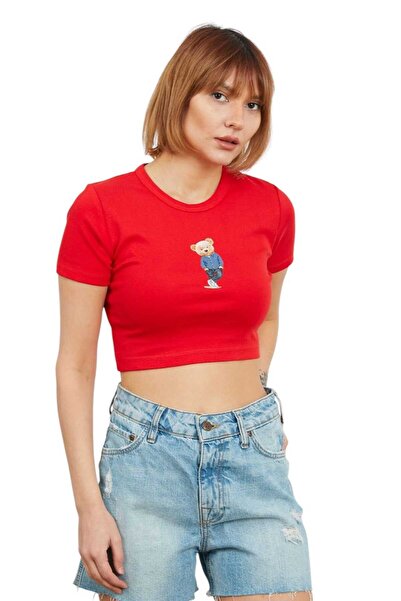 just take Women's Teddy Bear Printed Oversize Crop Top Casual Elegance and Comfort