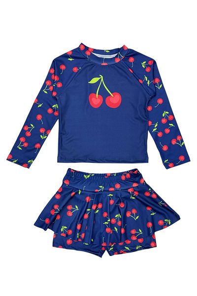 Lolliboomkids Navy Blue Cherry Pattern Long Sleeve Leggings with Skirt 2 Piece Girl Set