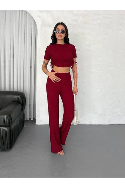 BYKUZEYARAS Women's Seersucker Fabric Crop Stylish Casual Set with Shirring Detail on the Sides