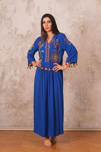 Markano Saks Blue V-neck Front and Sleeves Authentic Embroidered Tassel Long Dress
