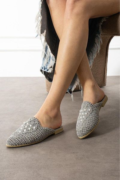 İpek Silk Women's Straw Rope Beaded Daily Home Beach Front Indoor Slippers