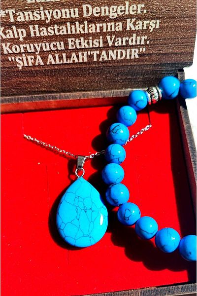 BaharEli Natural Turquoise Stone, Pendant and Bracelet Set in Drop Form in Special Box