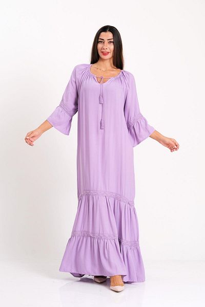 Markano Lilac Carmen Collar Frilly Sleeve Skirts Scalloped Oversize Long Dress