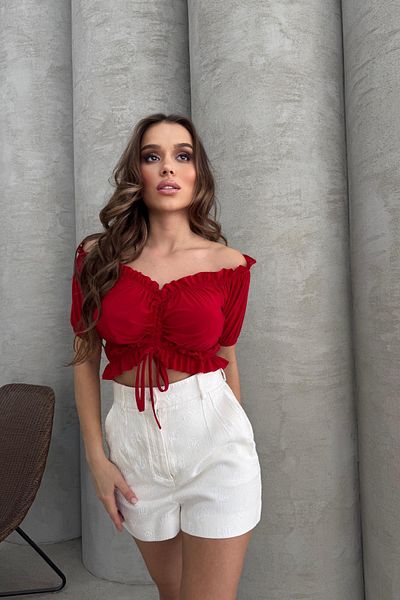 RB CLUB Madonna Collar Off Shoulder Front Shirred Crop Blouse Red Rb2801
