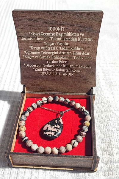 BaharEli Natural Rhodonite Stone Necklace and Bracelet Set in Special Box