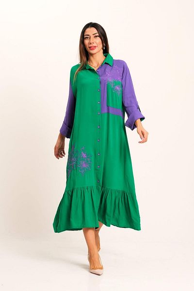 Markano Green Purple Garnished Long Shirt Dress with Embroidered Front and Skirt Sleeves and Epaulettes