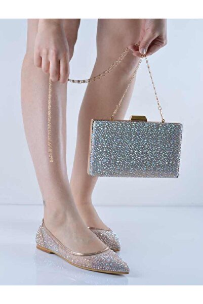 Şanslı Ayakkabıcılık Sarı Taşlı Fileli Babet Çanta Takım