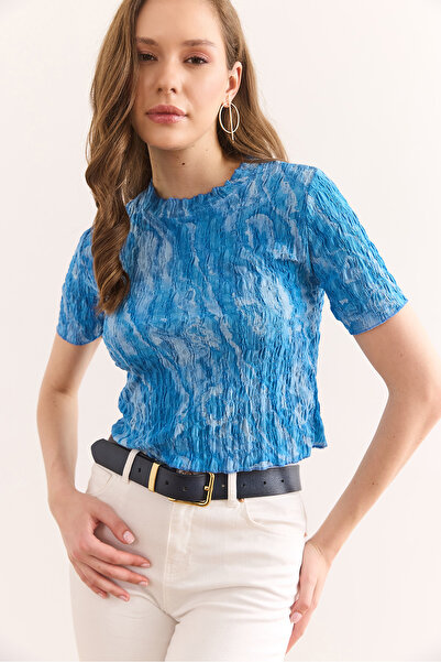 Olalook Bluză de damă, albastră, cu imprimeu digital, înfășurată, Blz-19002936