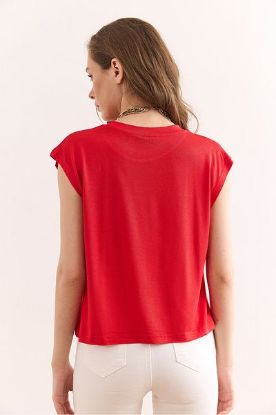 Olalook Rote ärmellose Crop Flowy Ballbluse für Damen Blz-19002931