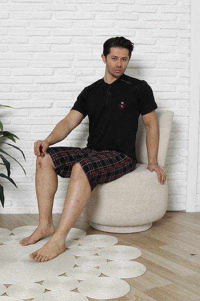 KAPİTEX Ανδρικό κοντομάνικο καπρί γιακά με κουμπιά, μαύρο σετ πιτζάμες