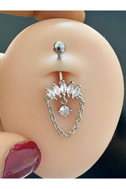 Arescollection ÇELİK BARLI ZİRKON TAŞLI ZİNCİR SALLANTILI GÖBEK PİERCİNGİ