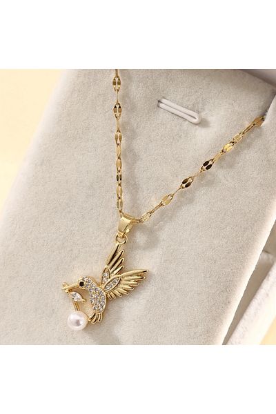 Ayzen Zircon Embroidered and Pearl Detailed Bird Necklace