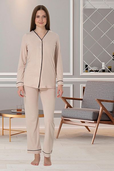 Lohussa Women's Milk Coffee Special Design Front Buttoned Cotton Maternity Maternity Pajamas Set