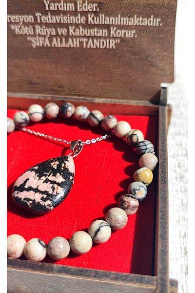 BaharEli Natural Rhodonite Stone Necklace and Bracelet Set in Special Box