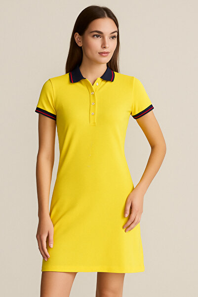 Giyim Dünyası Kadın Polo Yaka Kısa Kol Elbise Sarı