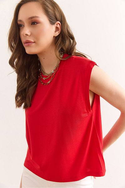Olalook Rote ärmellose Crop Flowy Ballbluse für Damen Blz-19002931