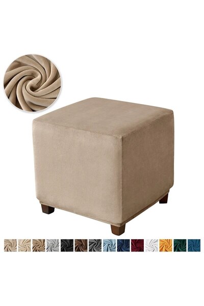 Choice غطاء مقعد عثماني مربع مخملي بلون كاكي، غطاء مسند قدم مرن ناعم لغرفة المعيشة والمنزل