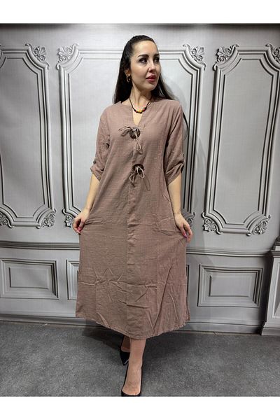 AGORATEKSTİL Women's 100% Linen Fakir Sleeve Wooden Button Dress