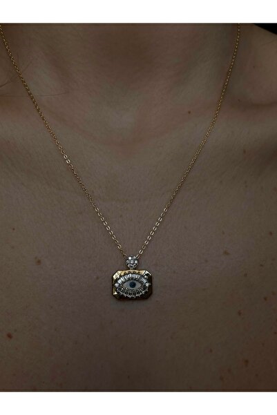 mysteriajewelry Göz ve Zirkon Taş Detaylı Gold Renk Çelik Kolye