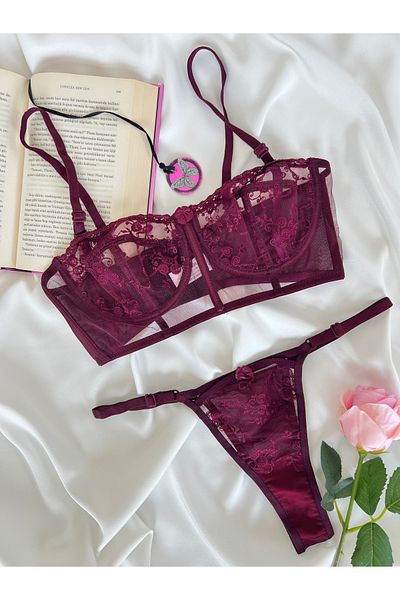 Arinda Candice Burgundy Brode Underwire Cupless Adjustable Bustier Set
