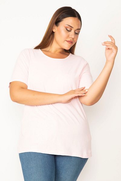 Şans Women's Large Size Pink Cotton Fabric Crew Neck Short Sleeve Blouse 65n29545