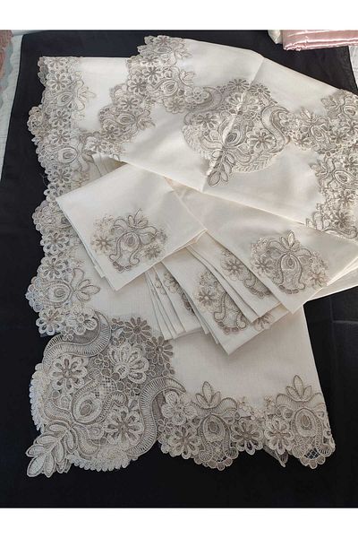 Çt Çeyizci Tekstil Rose Tablecloth 12 Person Linen Fabric Cream Tableware Set