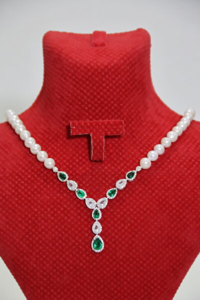 GÜMÜŞ Zirkon Taşlı Doğal İnci Takı Seti 925 Ayar (Kolye, Küpe, Bileklik, Yüzük)