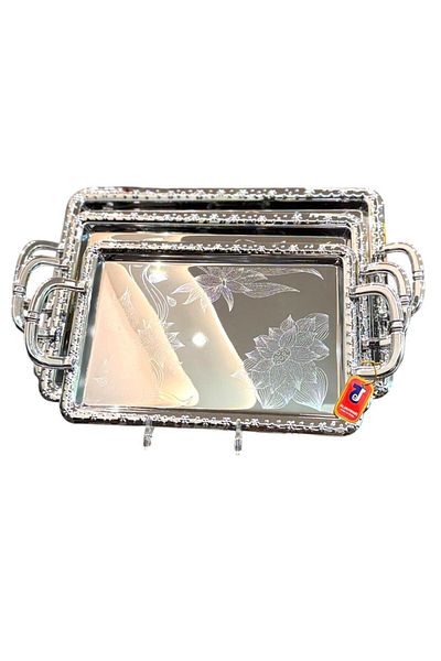 aljahwari 3-Piece Silver Serving Tray Set with Floral Engraving