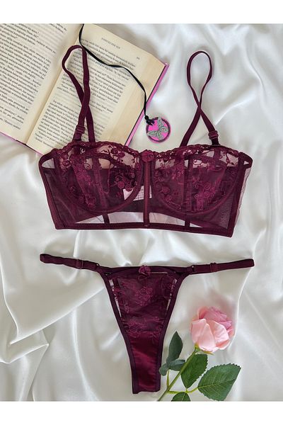 Arinda Candice Burgundy Brode Underwire Cupless Adjustable Bustier Set