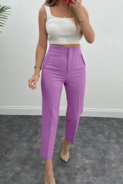 dk denemekabini Women's High Waist Pencil Carrot Fabric Trousers - Powder