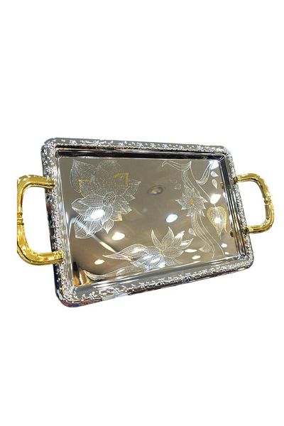 aljahwari 3-Piece Serving Tray Set in Two-Tone Nickel with Floral Engraving