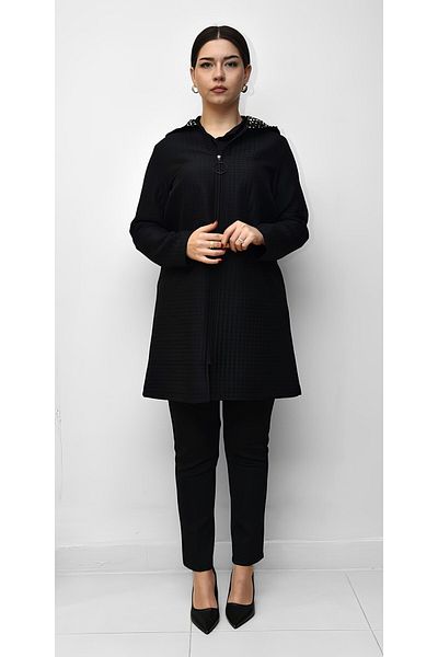 Şeker Portakalım Selinada Fashion 3001 Black Hooded Sequined Quilted Outerwear Cap