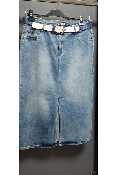 AKŞEN GİYİM Women's Large Size Lycra Separate Long Jeans Skirt Denim Fabric Belt