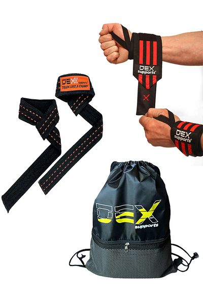 Dex Supports Fitness Sports Wrist Straps Wraps Weight Lifting Straps and Gym Bag 3Pcs Set