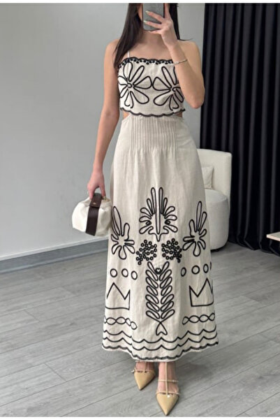 Astrea Butik NAKIŞLI ASKILI KETEN ELBİSE