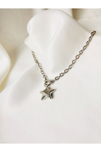 PACHİRA Stainless Steel T-Bar Necklace |   45cm Silver Color Star End Bar Chain with Lock