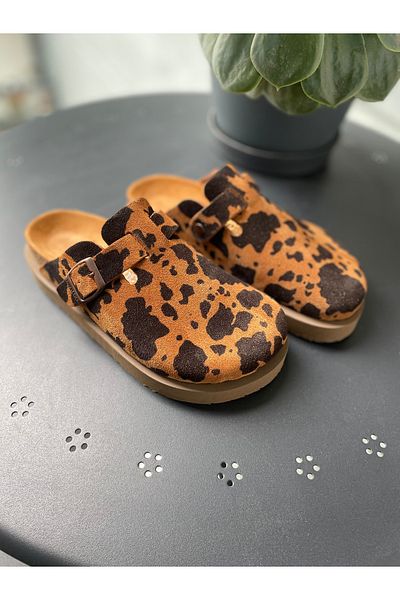 Land of Cork Anatomical Natural Cork Sole Cow Animal Cow Pattern Genuine Leather Slippers
