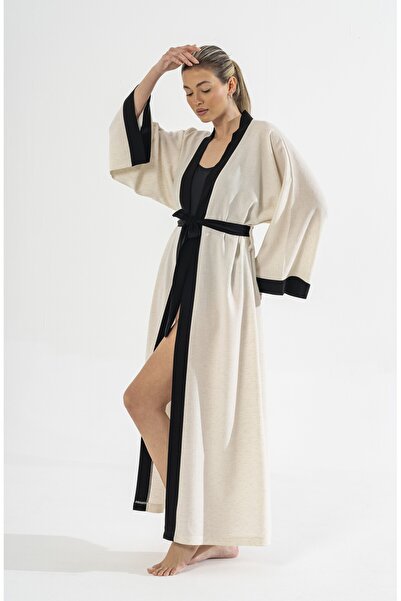 BEJ DOKU KETEN KİMONO / PAREO / % 100 PAMUK
