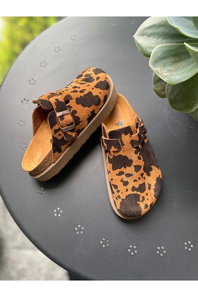Land of Cork Anatomical Natural Cork Sole Cow Animal Cow Pattern Genuine Leather Slippers