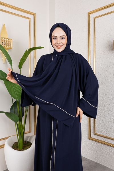 Moda MSK Abaya albastru închis din mătase cu pietre în stil Dubai