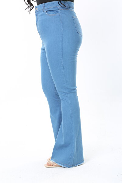 Şans Women's Large Size Blue High Waist Wide Leg 5 Pocket Lycra Jeans 65N38894