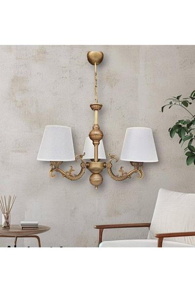 DEDE Three Arm Nova Zamak Chandelier with Antique Finish and Light Cream Hat