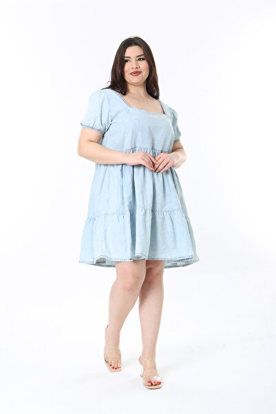Şans Women's Large Size Blue Washed Denim Fabric Square Collar Layered Denim Dress 65N38923
