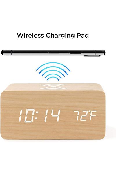 Smart Kitchen Stylish Digital Wooden Alarm Clock Rechargeable with Wireless Mobile Charging, Beige