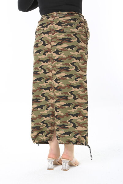 Şans Жіноча велика розмірна хакі камуфляжний візерунок талія і поділ спідниці з шнурівкою