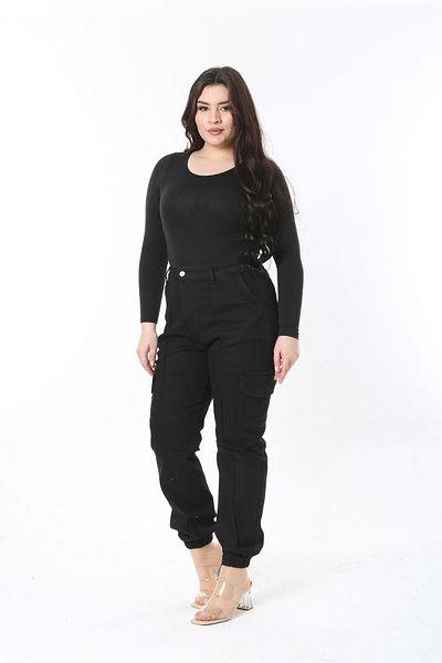 Şans Women's Large Size Black High Waist Cargo Pocket Jeans 65N38898